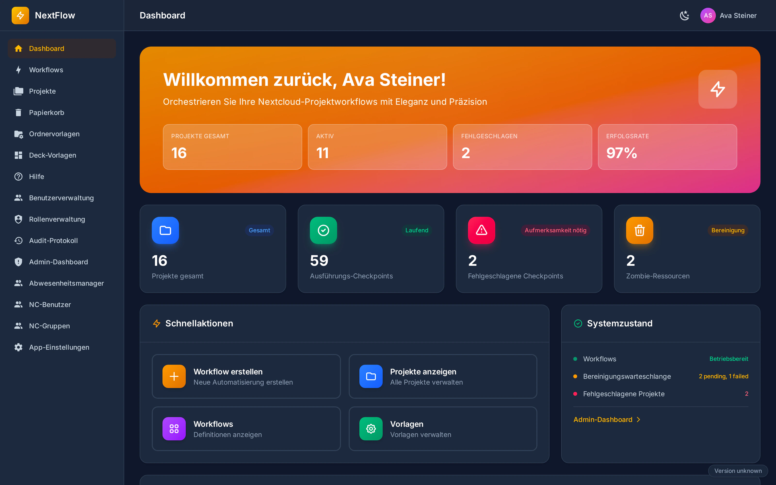 NextFlow Dashboard mit Projekten, Erfolgsrate und Schnellaktionen