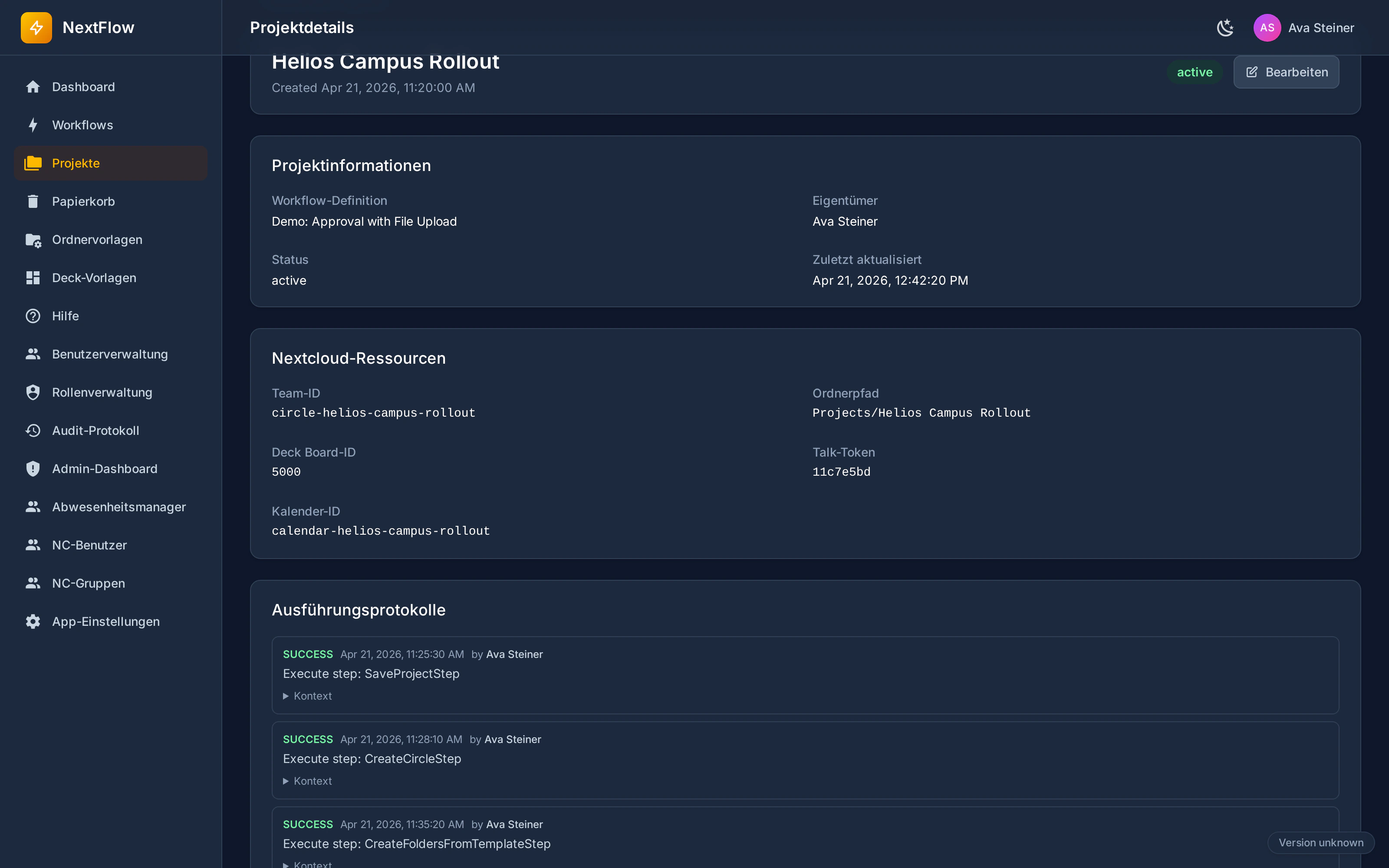 Projektansicht in NextFlow mit Ressourcen, Status und Ausfuehrungsprotokollen