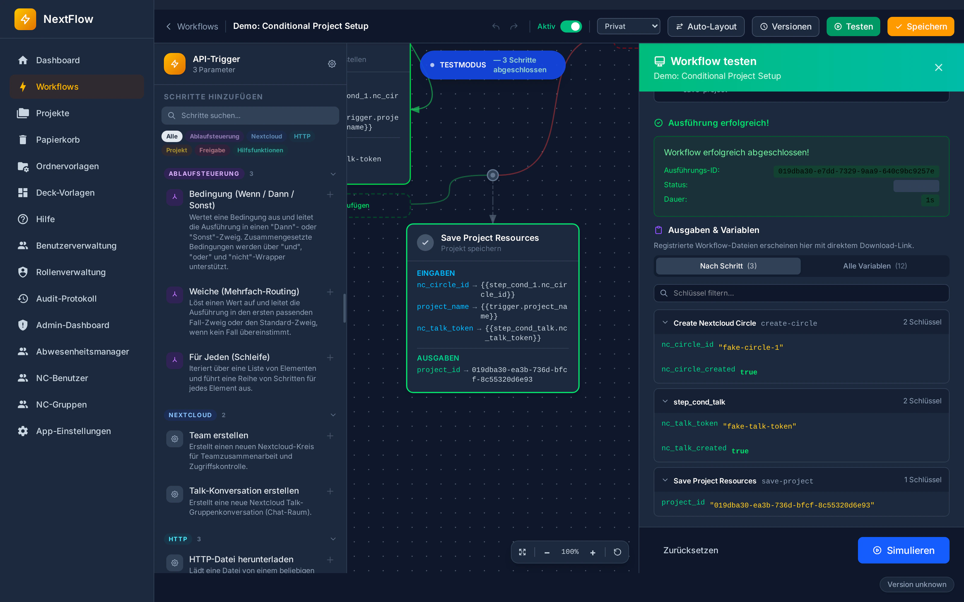 Workflow Builder mit Dry-Run-Ergebnis und Variablenansicht